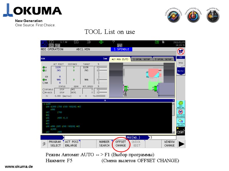www.okuma.de New Generation One Source. First Choice. TOOL List on use Режим Автомат AUTO